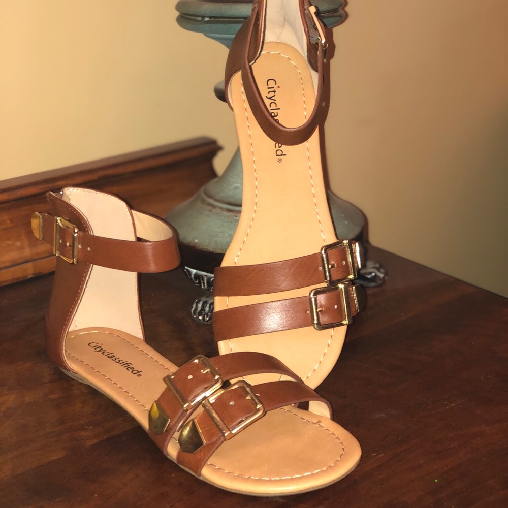 Cognac Strappy Flat Sandals